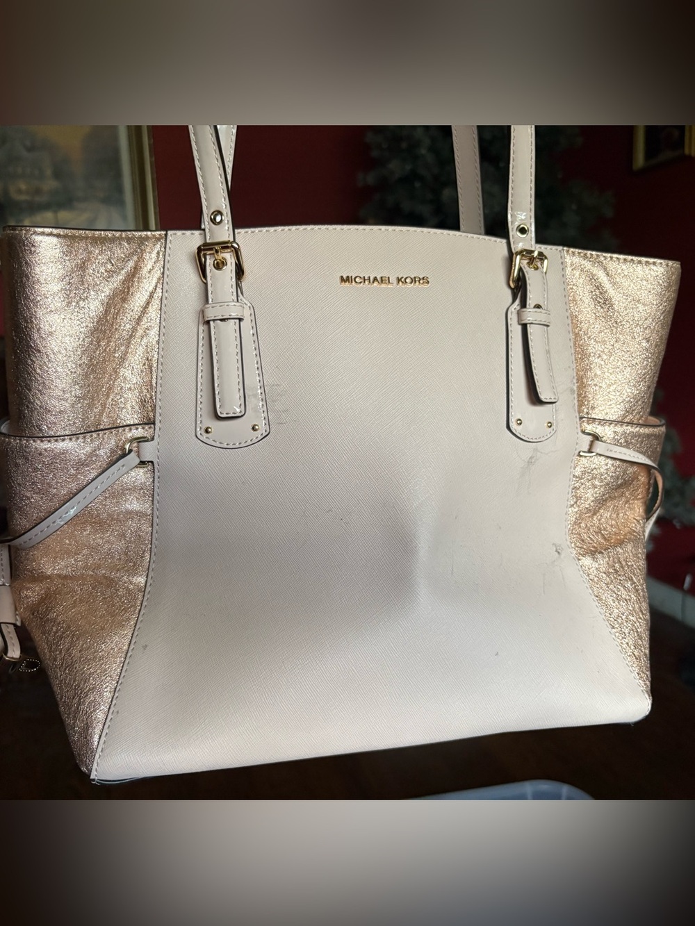 Michael Kors Rose Gold Metallic & Blush Tote Bag Saffiano Leather Shoulder Purse